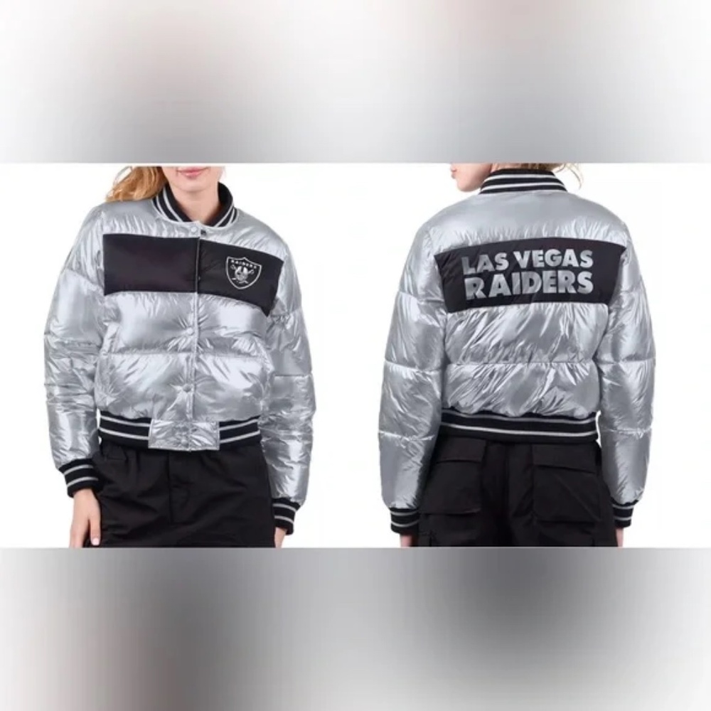 GIII 4Her Las Vegas Raiders Puffer Jacket Metallic Silver Black Bomber Womens M